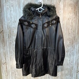 Liz Phillips Collection Vintage Leather Coat Fur Trim Hooded Jacket Womens Large
